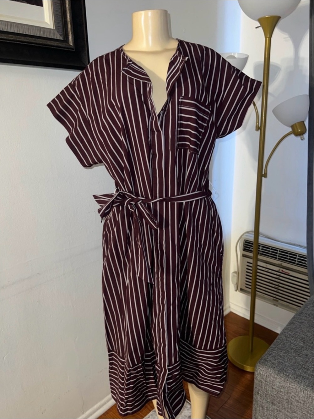 Banana Republic Burgundy and White Striped Belted Midi Dress